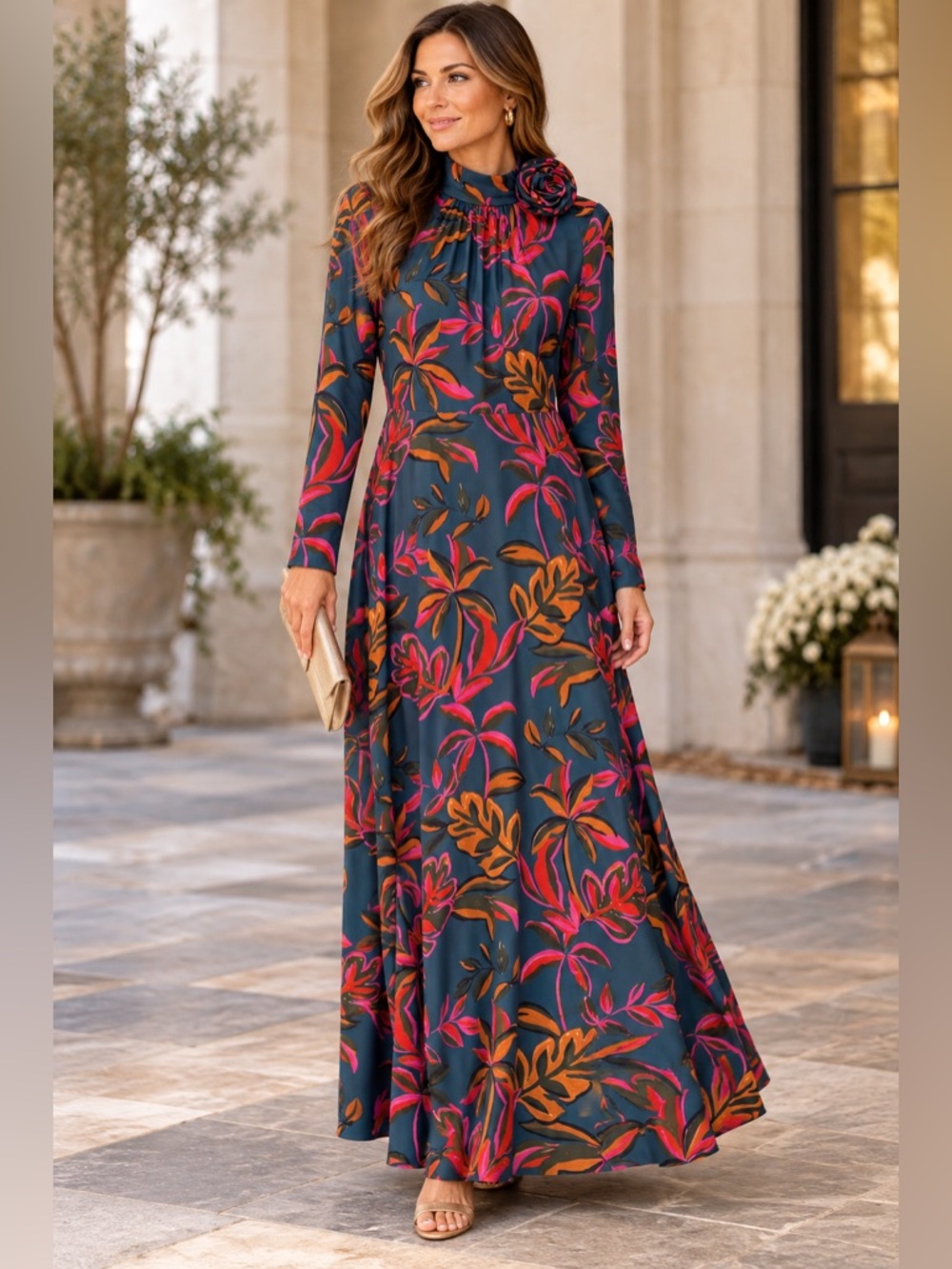 Alexia Admor Size 6 Teal Multicolor Floral High Neck Long Sleeve Maxi Dress